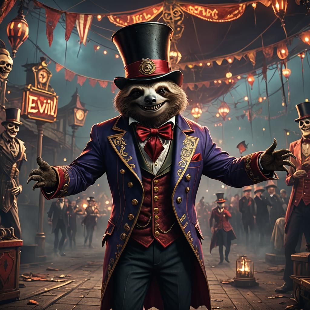 Creepy Sloth Ringmaster Welcomes to Evil Carnival