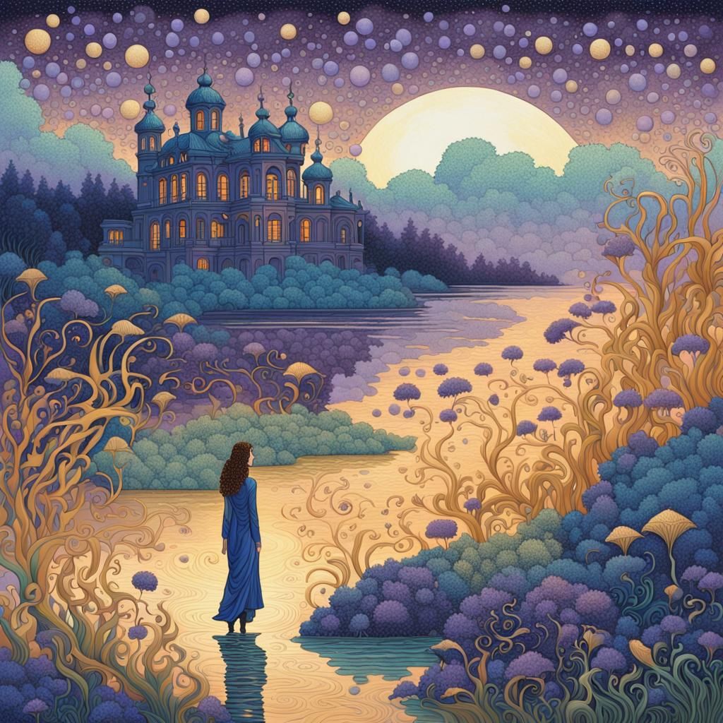 Ethereal Woman in Vaporwave Twilight Landscape