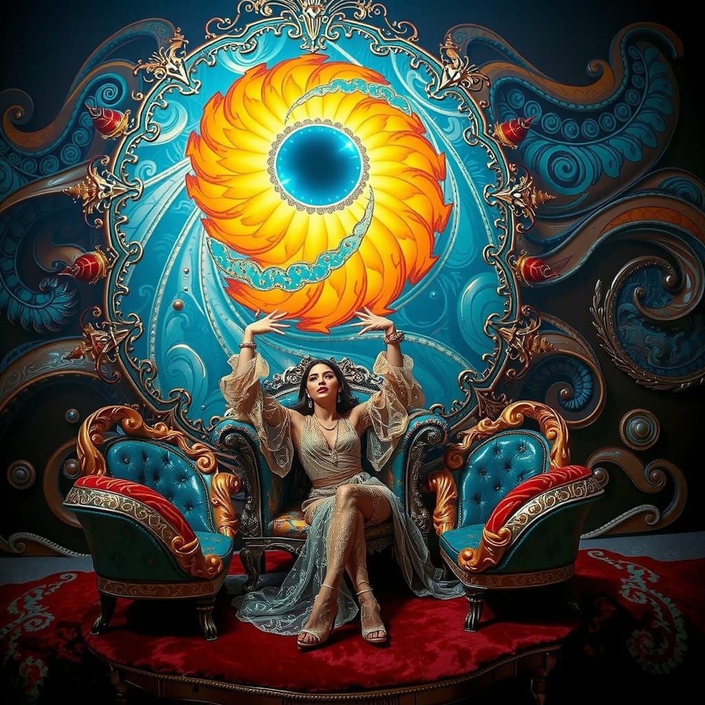 Elegant Woman in Maximalist Psychedelic Surreal Landscape