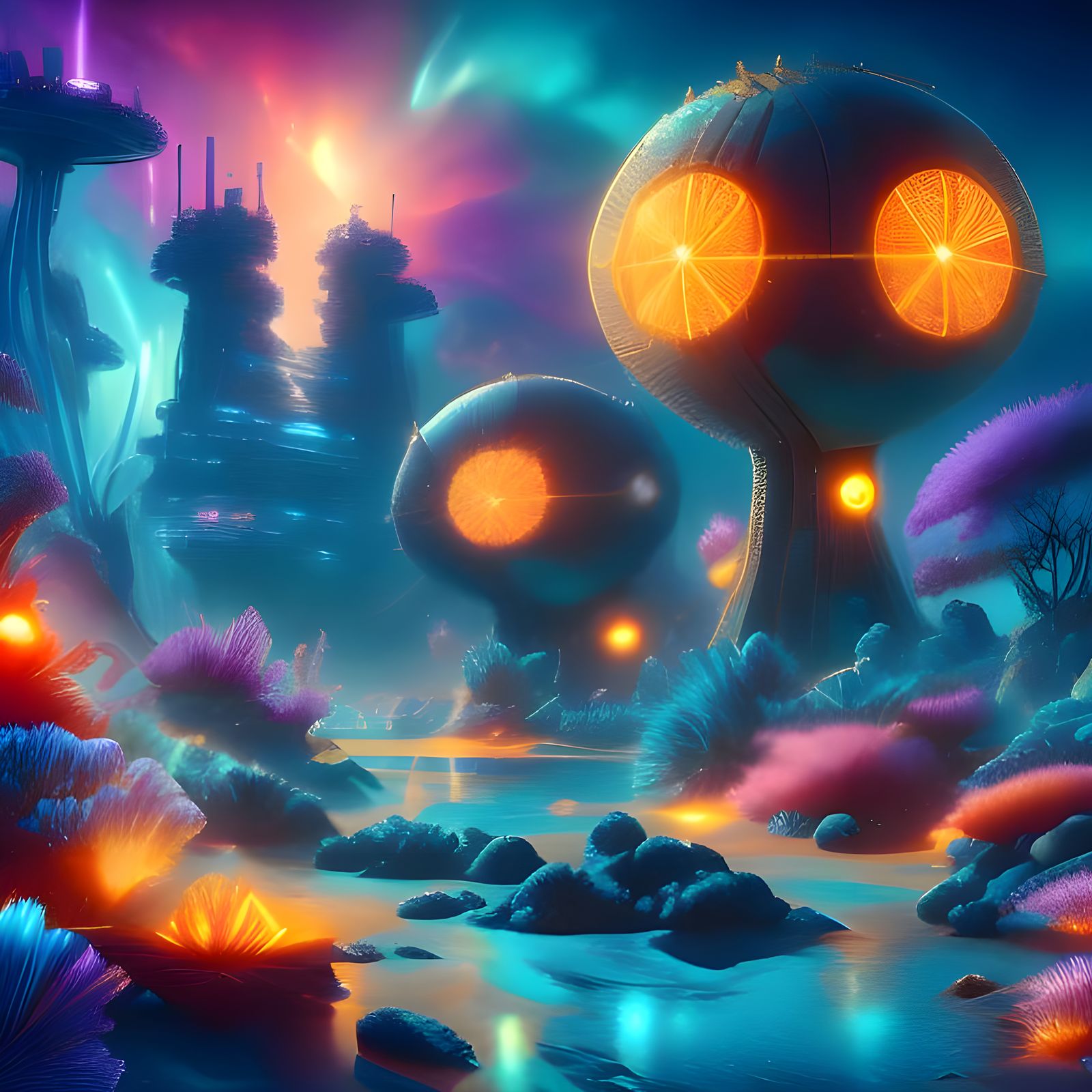 Retro Travel Poster: Bioluminescent Alien Beach