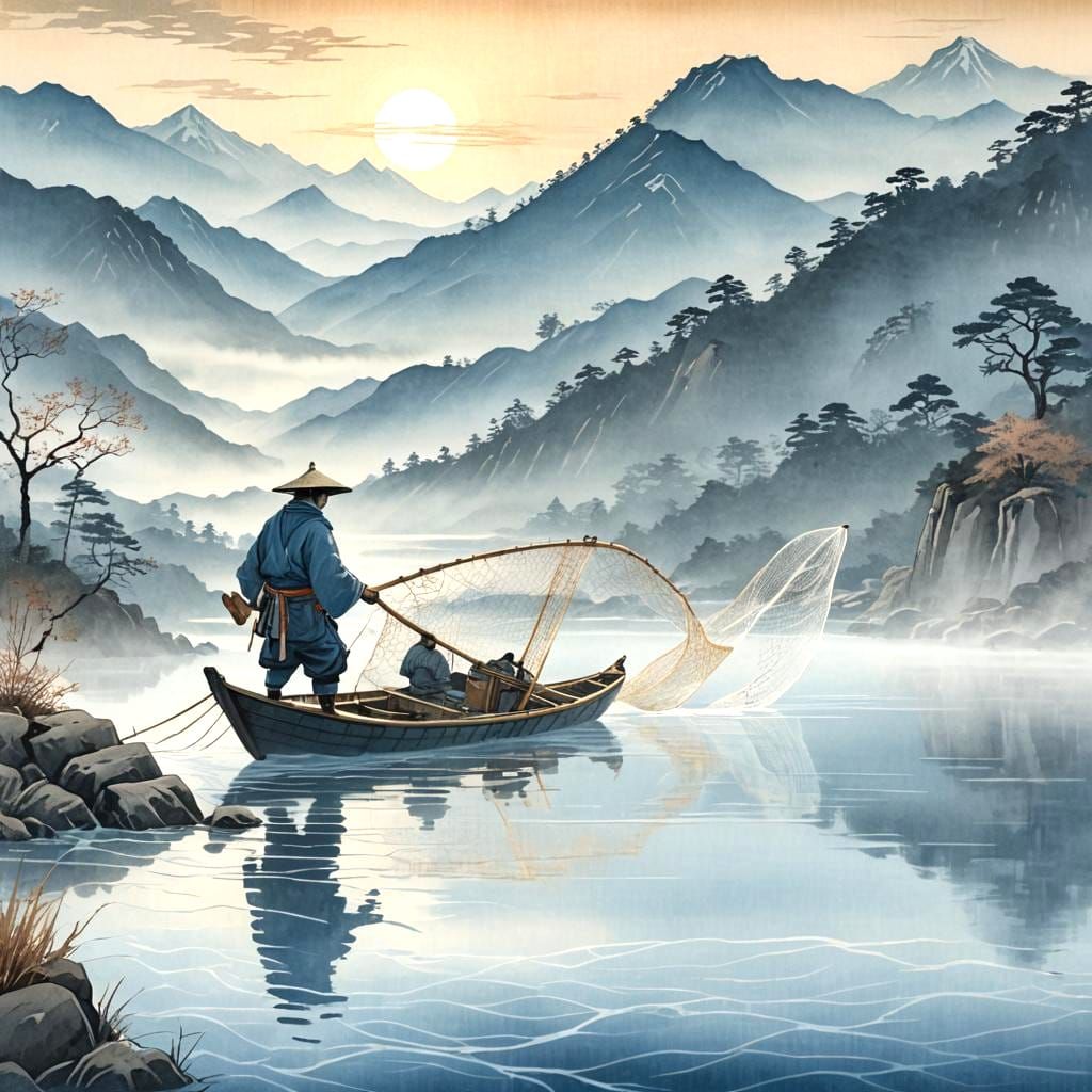 Peaceful Blue Ukiyo-e Riverside Scene at Dawn