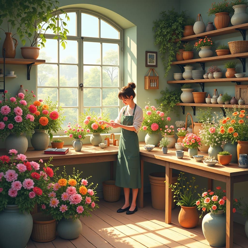 Florist Arranging Flowers in Impressionist Style Studio