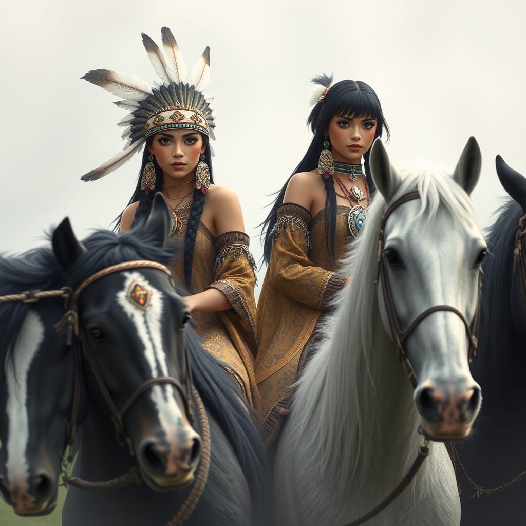 Native American Women Ride Horses in Dreamy Landscape