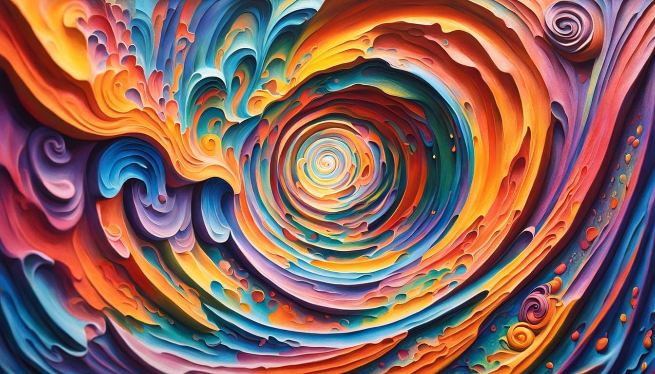 Hand-painted plaster background, vibrant embossed relief of a close-up of a tunnel funnel vortex with psychedelic style ...