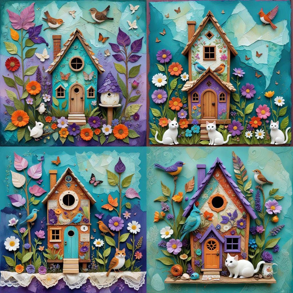 Vibrant Whimsy on a Tiny Street: Cartoon Birds and Birdhouse...