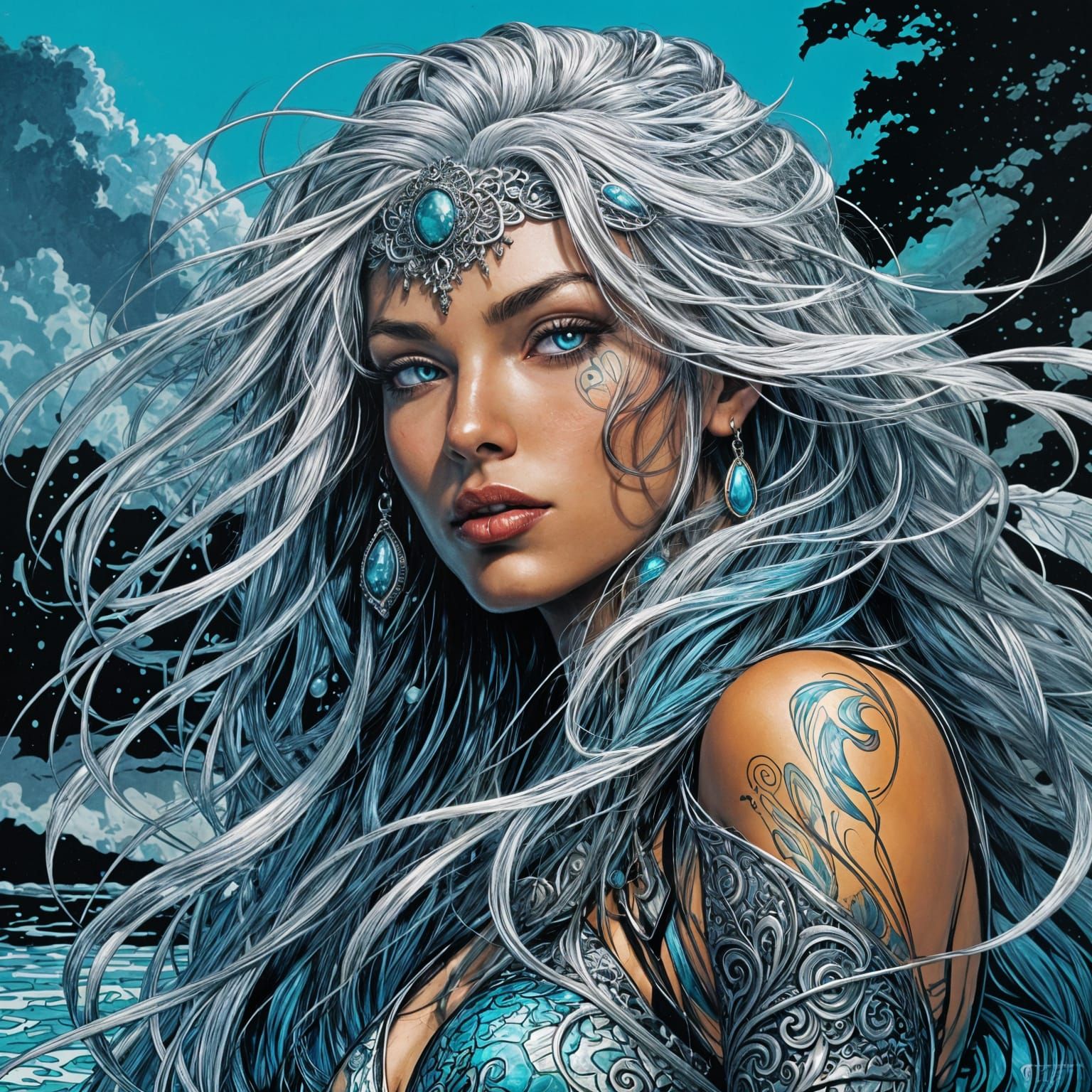 Icy Plunge: Woman in Water, Ink Art Style