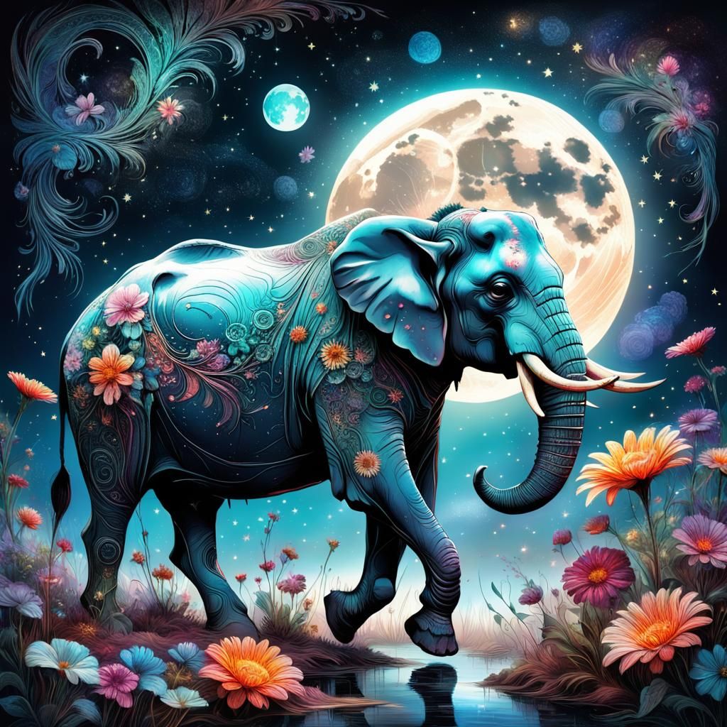 Elephant in Moonlight with Psychedelic Flowers