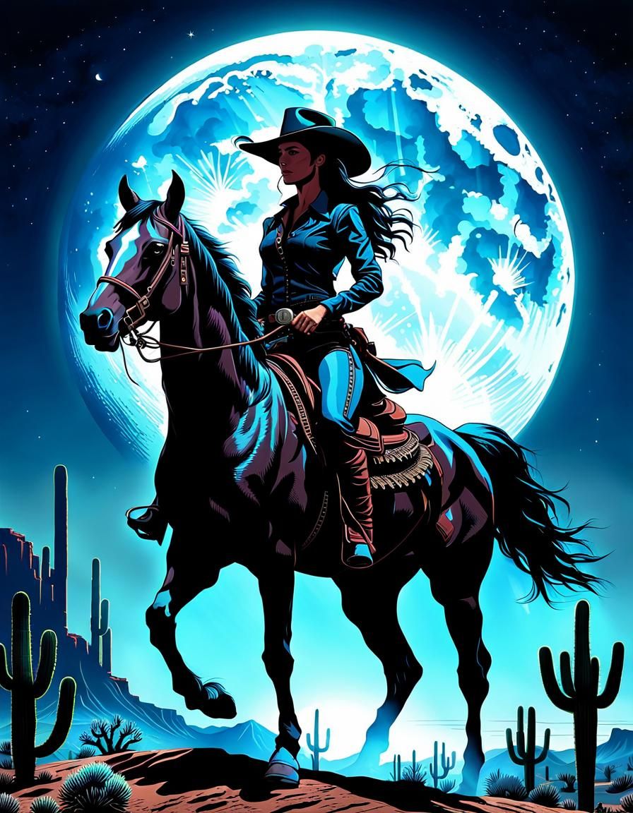 Cowgirl on Horse Silhouette in Psychedelic Western Art