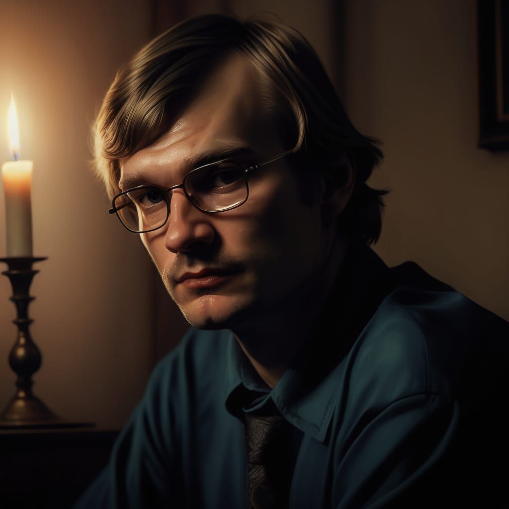 Ominous Portrait of Jeffrey Dahmer in Dark Surrealism
