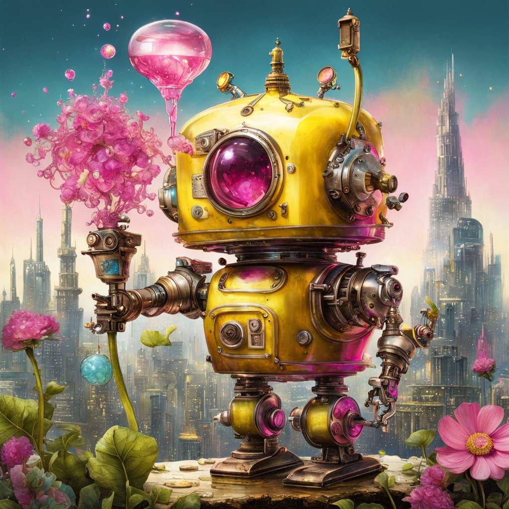 Whimsical Solarpunk Robot Tends Rooftop Garden