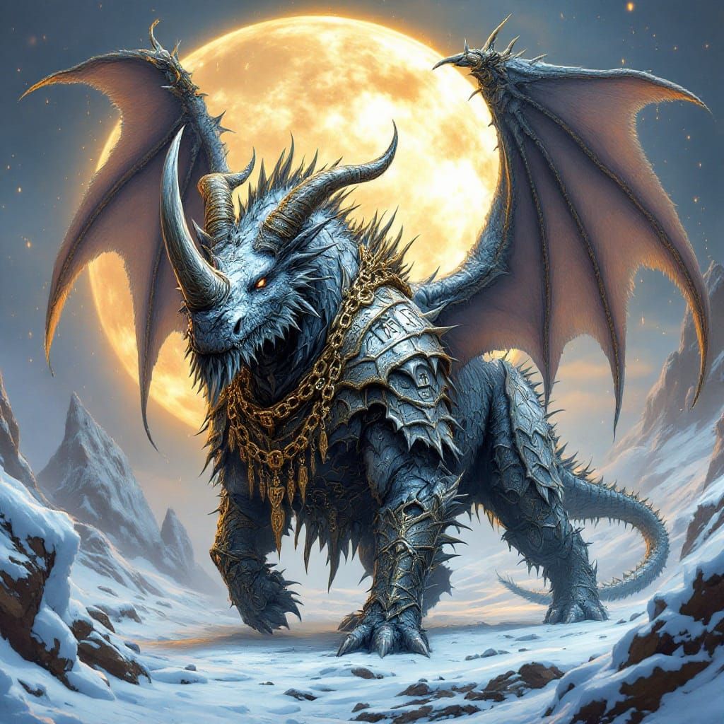 Majestic Frost-Encrusted Rhino Dragon with Wings and Armor