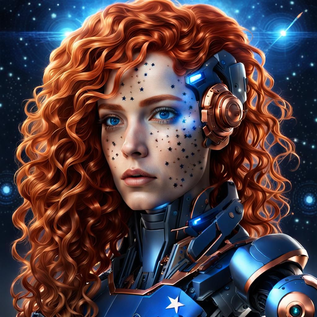 Beautiful Copper Cyborg with Bionic Eyes in Space