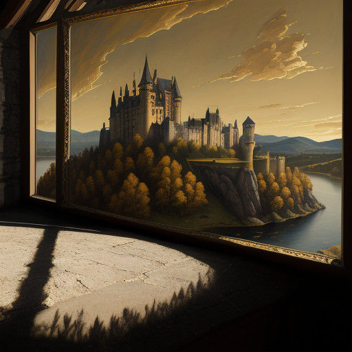 A Majestic Castle in Warm Yellow Light, Medieval Oil Paintin...