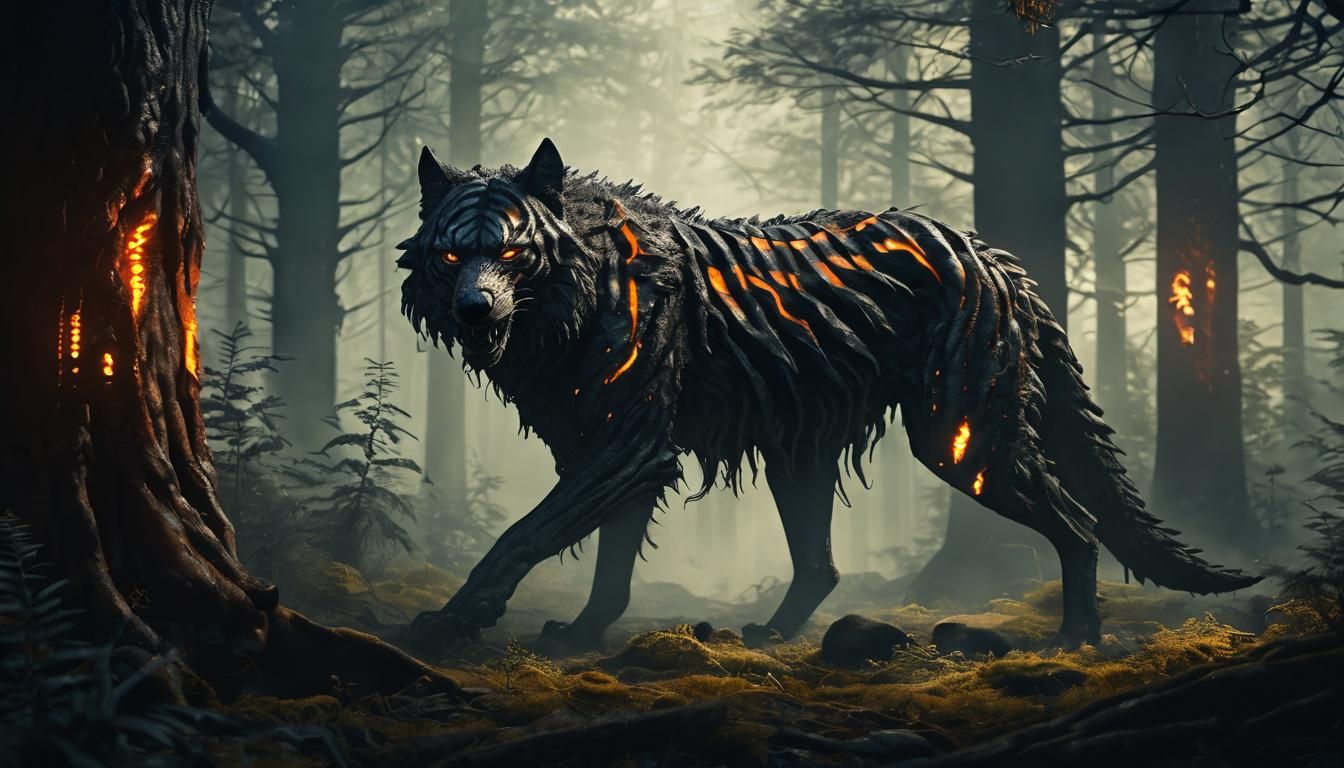 Demonic Tiger-Wolf Creature in Mystical Forest