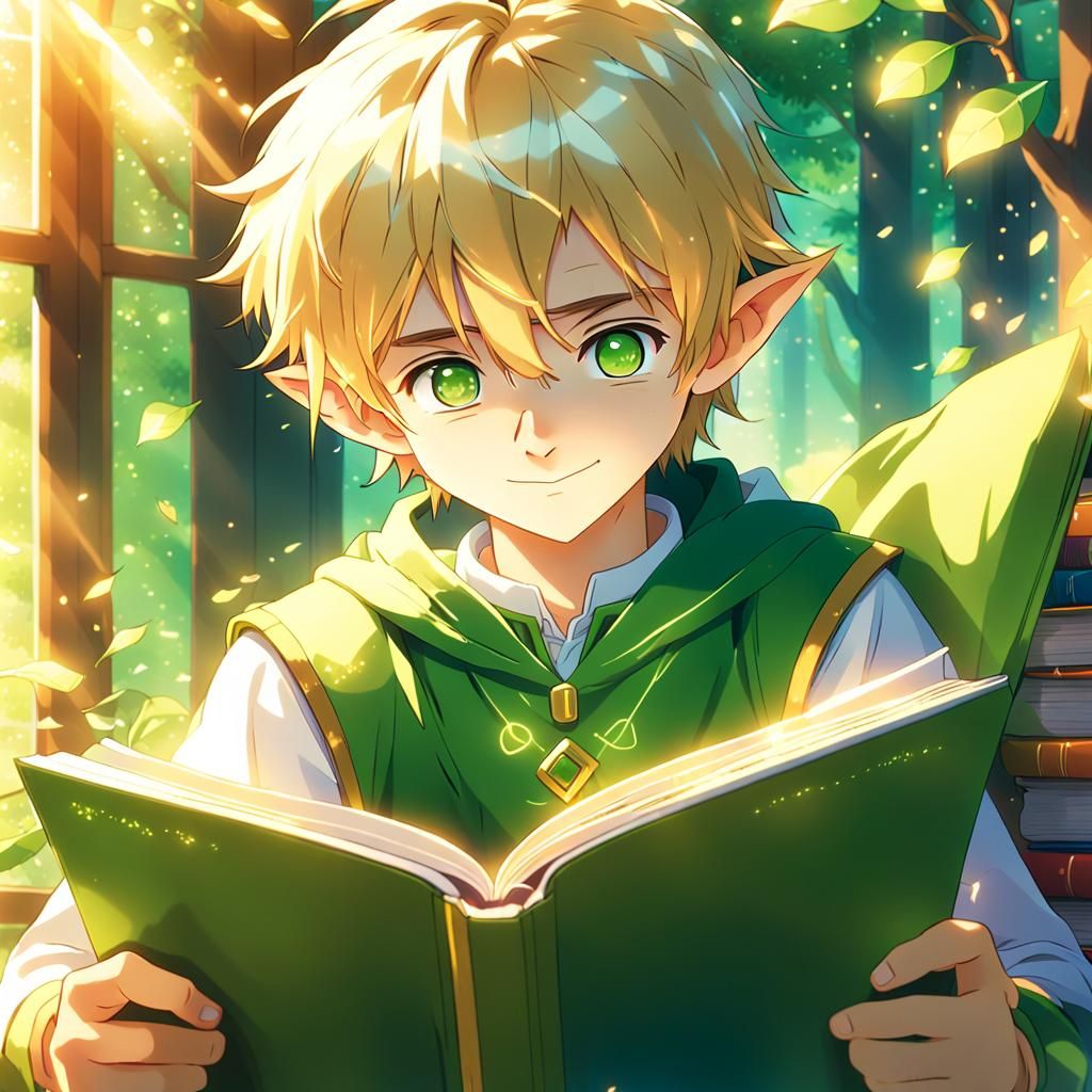 Anime Elf Boy Reading Book in Ghibli Style