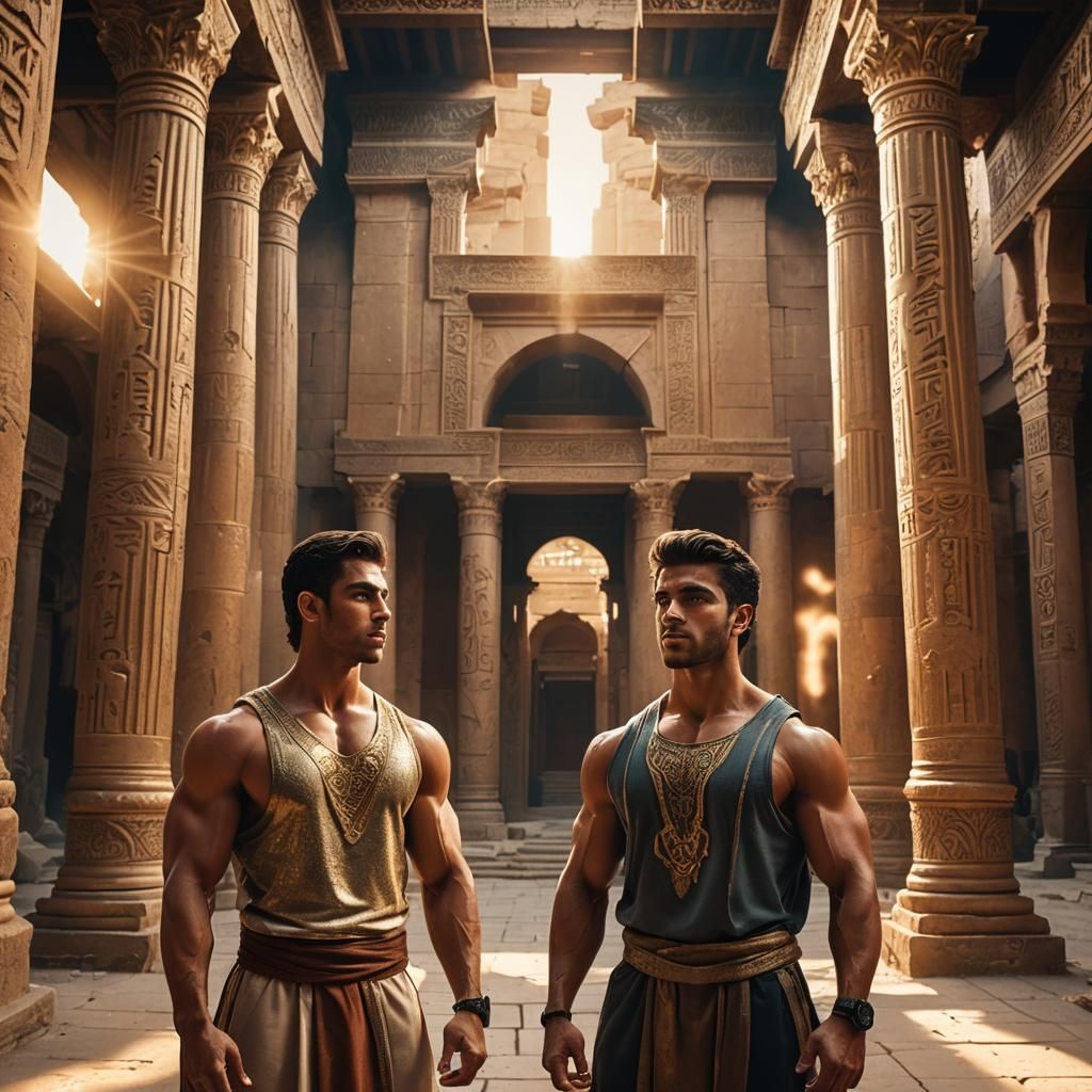 Muscular Youth Poses in Ancient Temple Digital Art