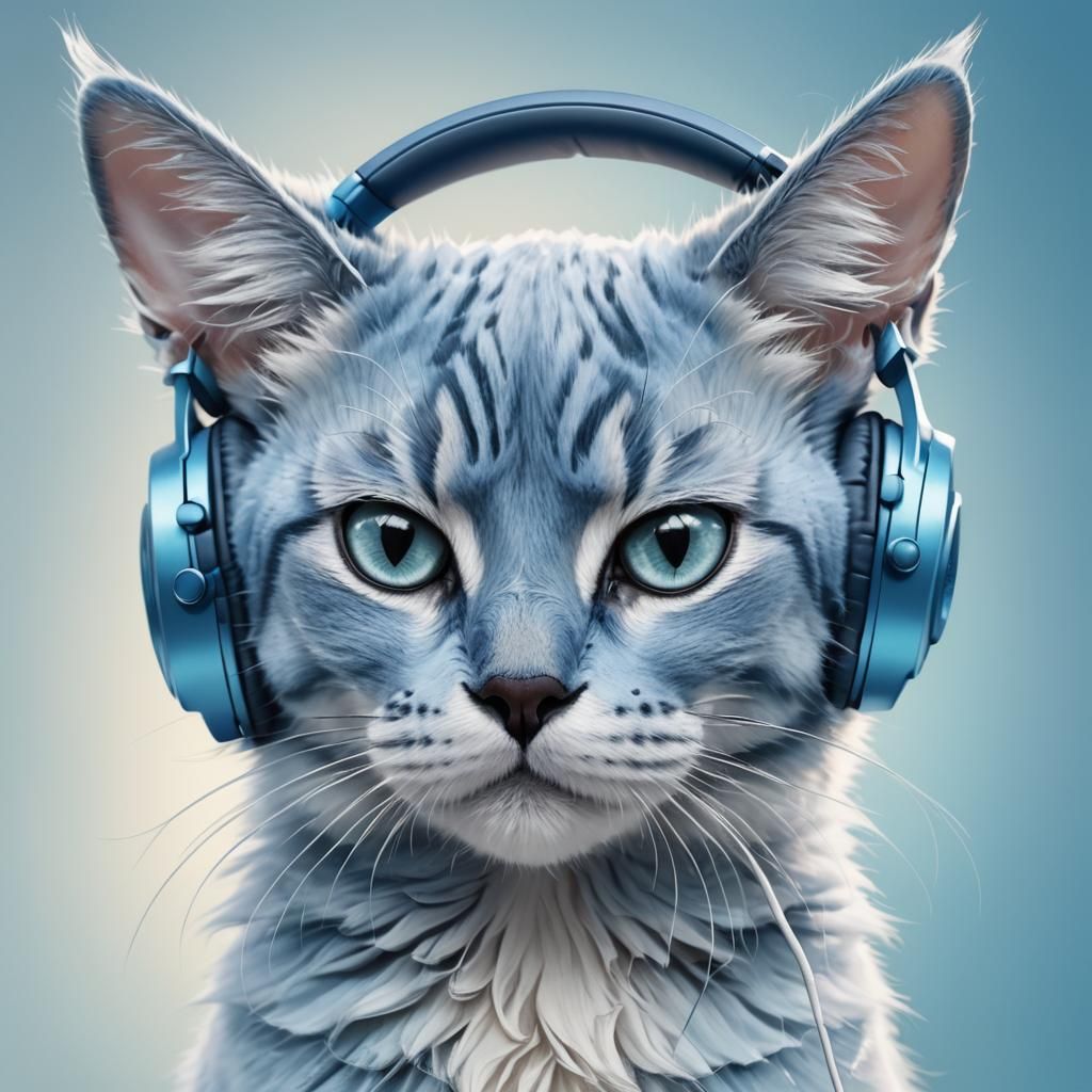 Blue Cat with Headphones in Vibrant Digital Art