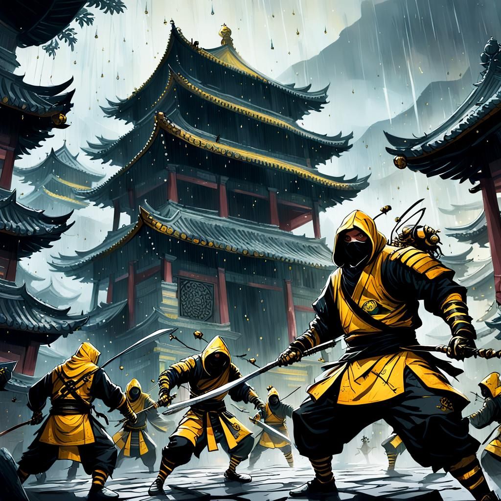 Ninja Assassins Battle Swarming Bees in Asian Fantasy Art
