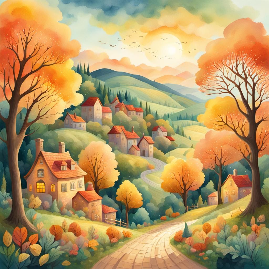 Whimsical Forest Townscape in Naive Art Style