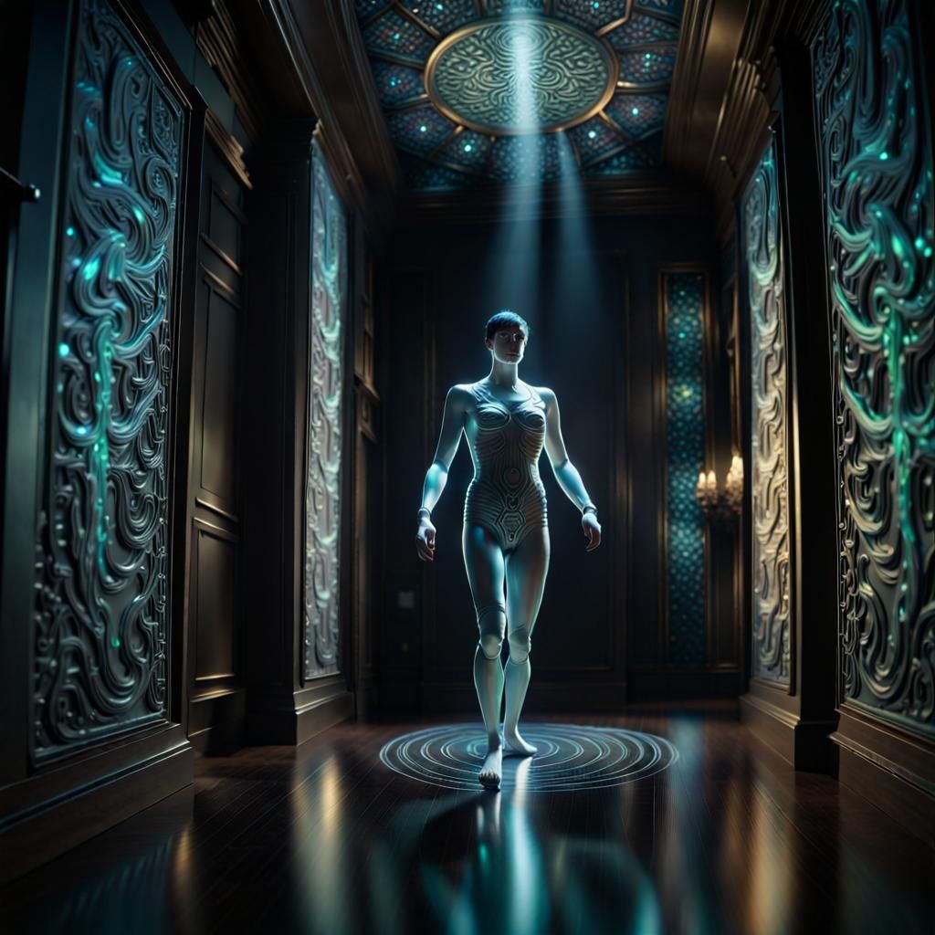 Holographic Figure in Dark Room: Cinematic Lighting