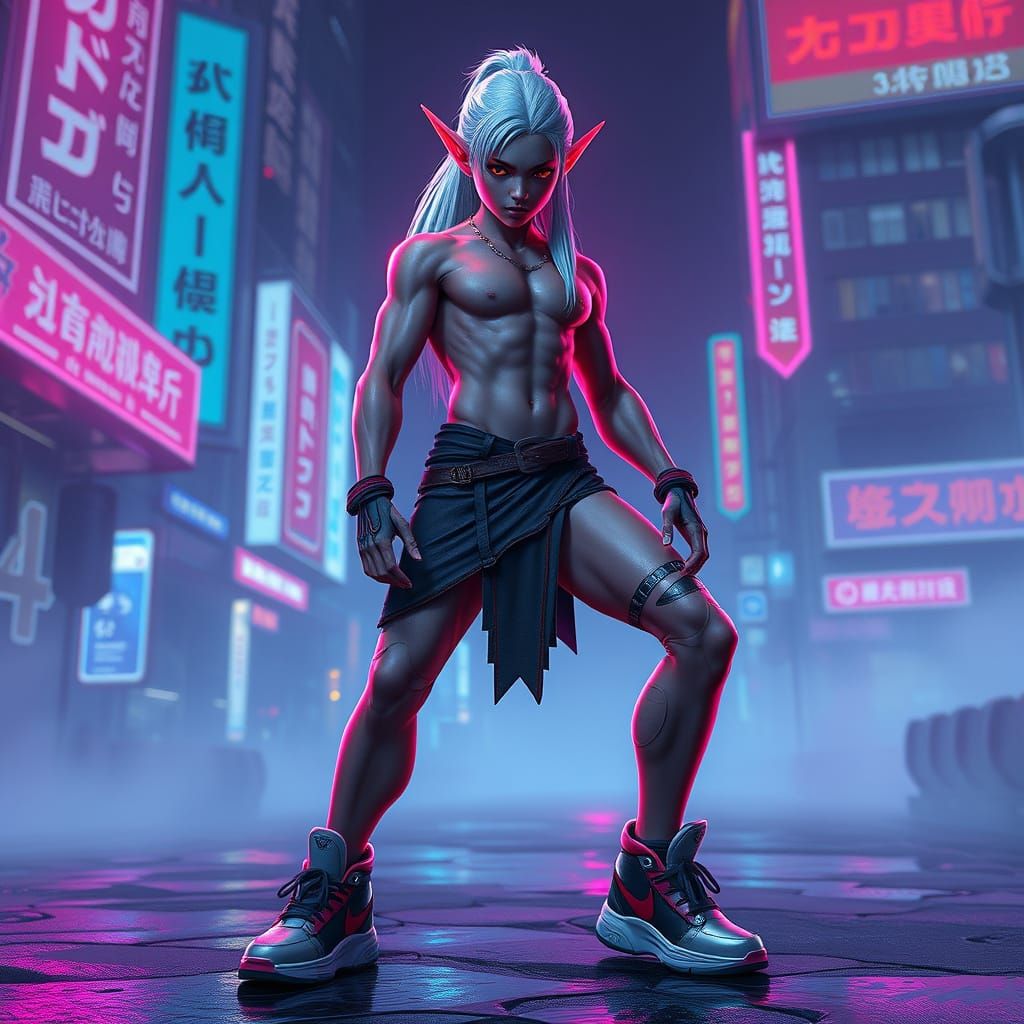 Hyper Realistic Akira Toriyama Style Elf in Neon-Lit Athleis...