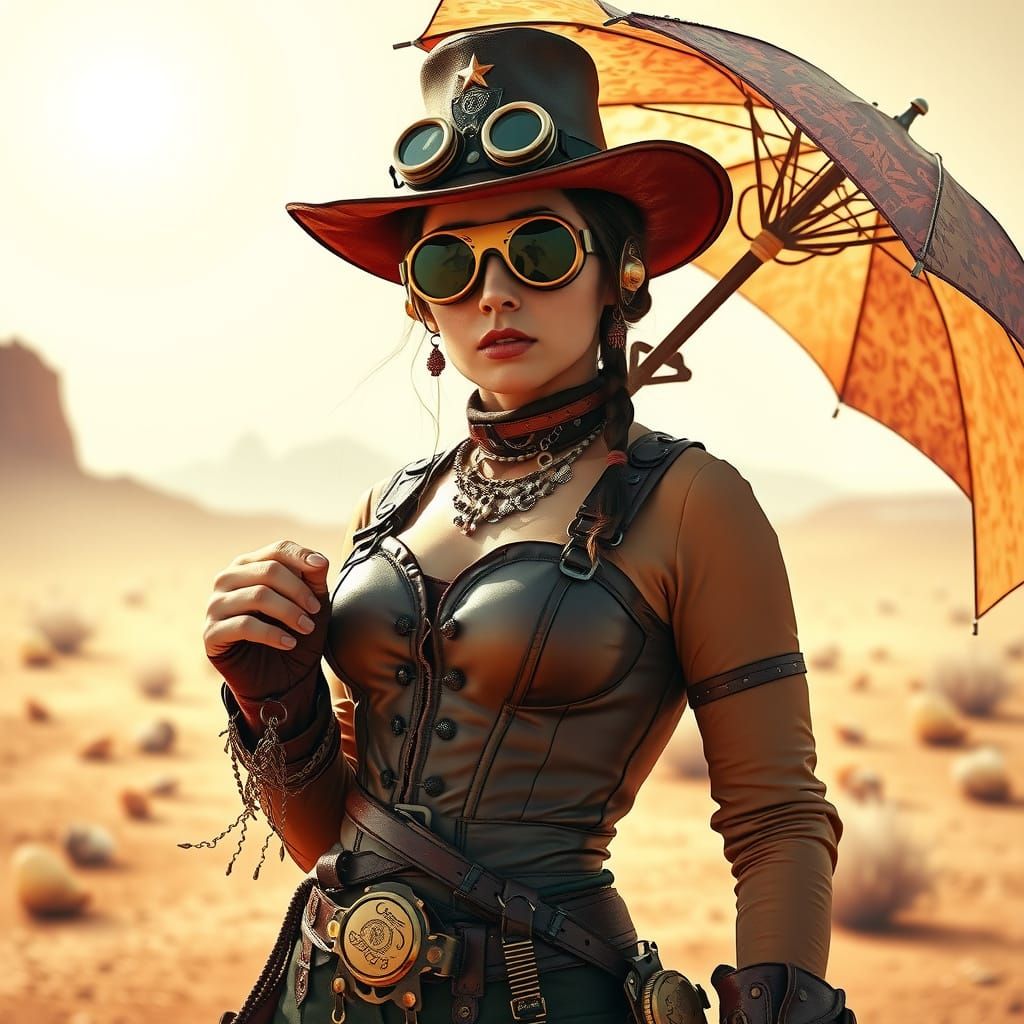 Steampunk Adventurer in Sun-Scorched Landscape