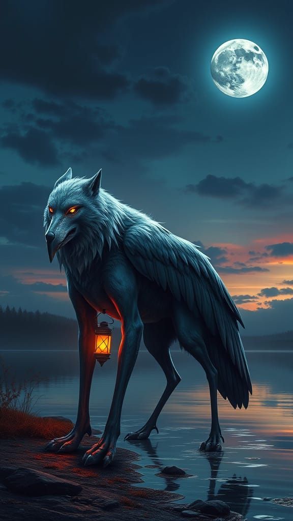 Majestic Wolf-Crane Hybrid Under Twilight Lake