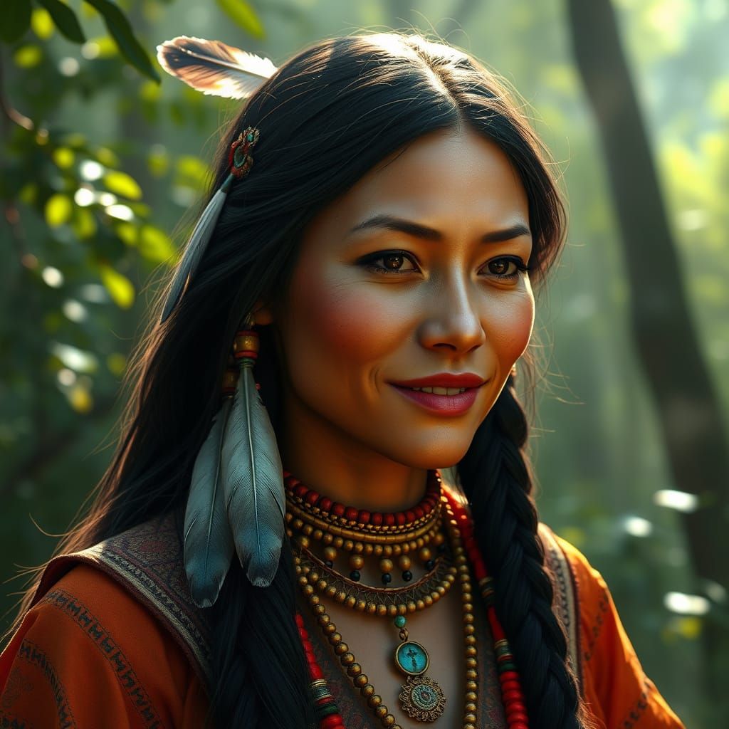 Surreal Portrait of a Cherokee Woman in Lush Forest