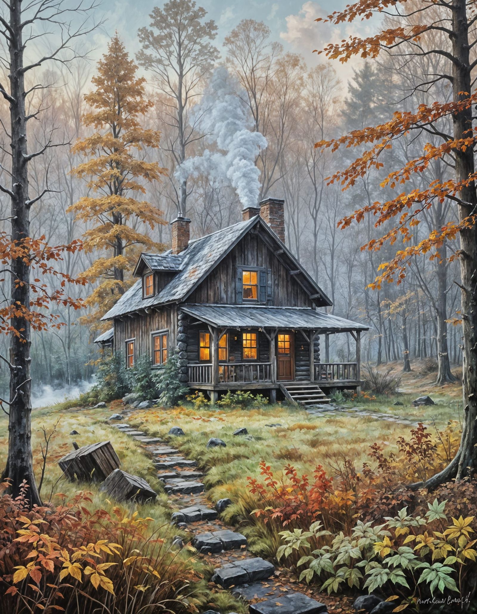 Autumn Morning in a Secluded Cabin, Oil Painting