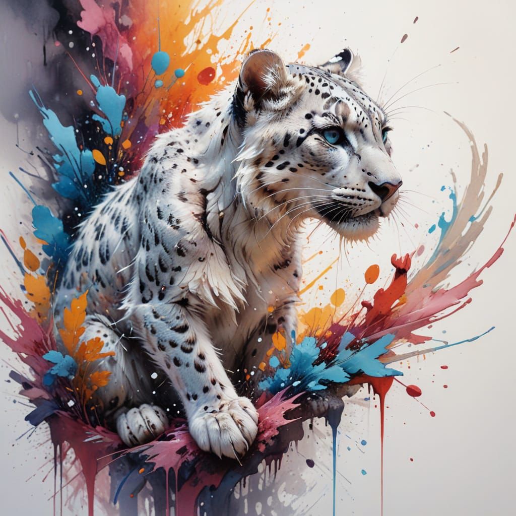 Snow Leopard Cubs Tumble in Snowy Landscape, Neo-Impressioni...