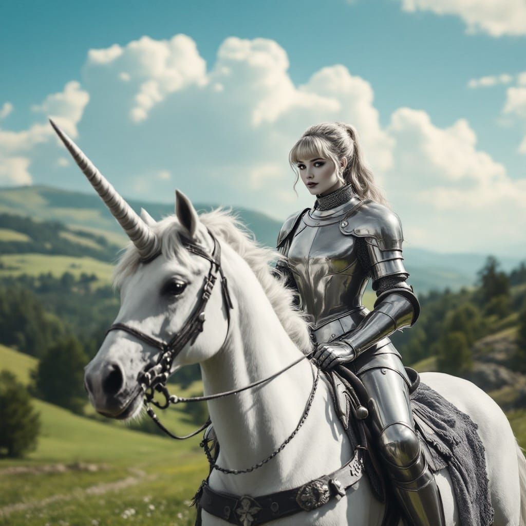 Timeless Monochrome Knight on a Colorful Unicorn