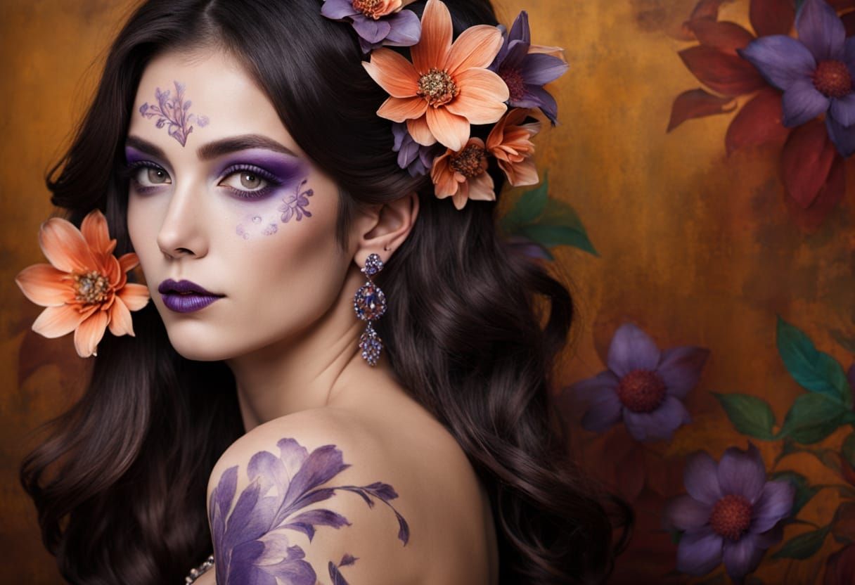 Painted Woman Merges with Floral Wall