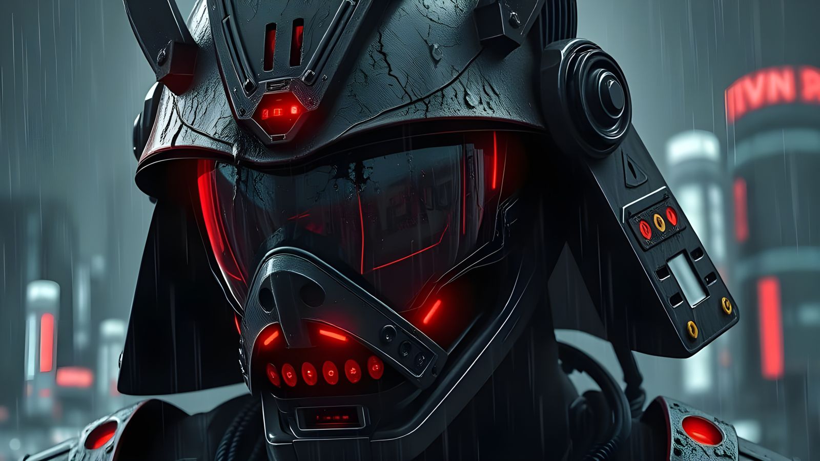 Cyber-Samurai Helmet in Rain-Soaked Neon Noir