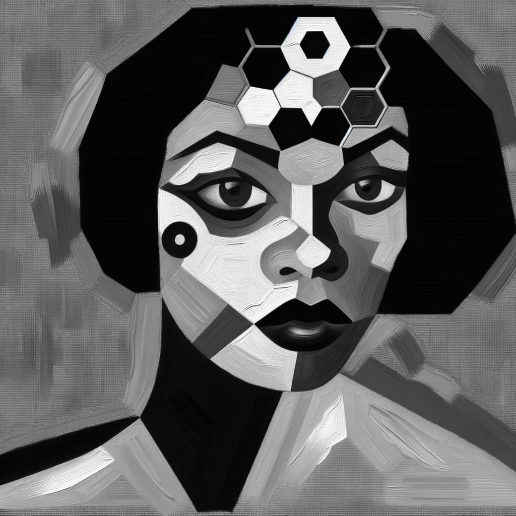 Cubist Portrait: Futuristic Woman with Hexagonal Birthmark