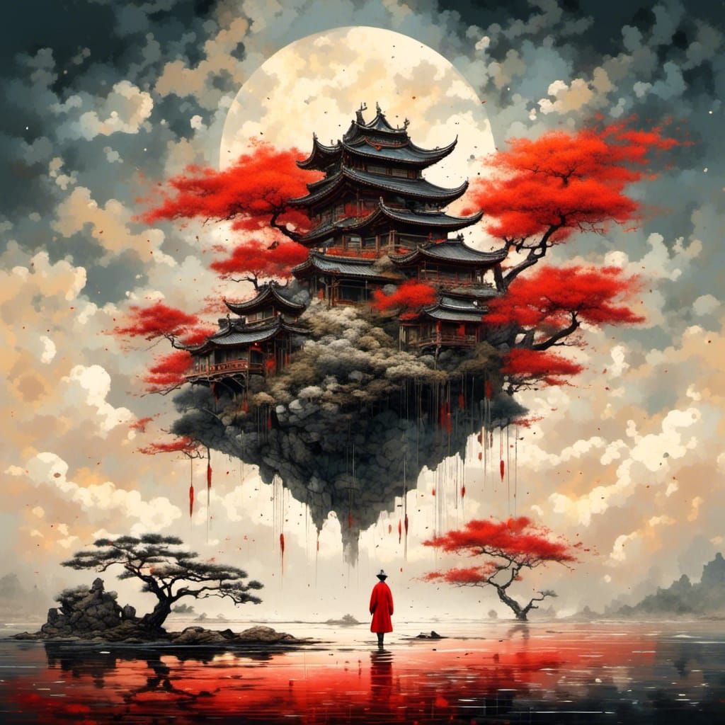 Floating Treehouse in Chinese Ink Painting Style