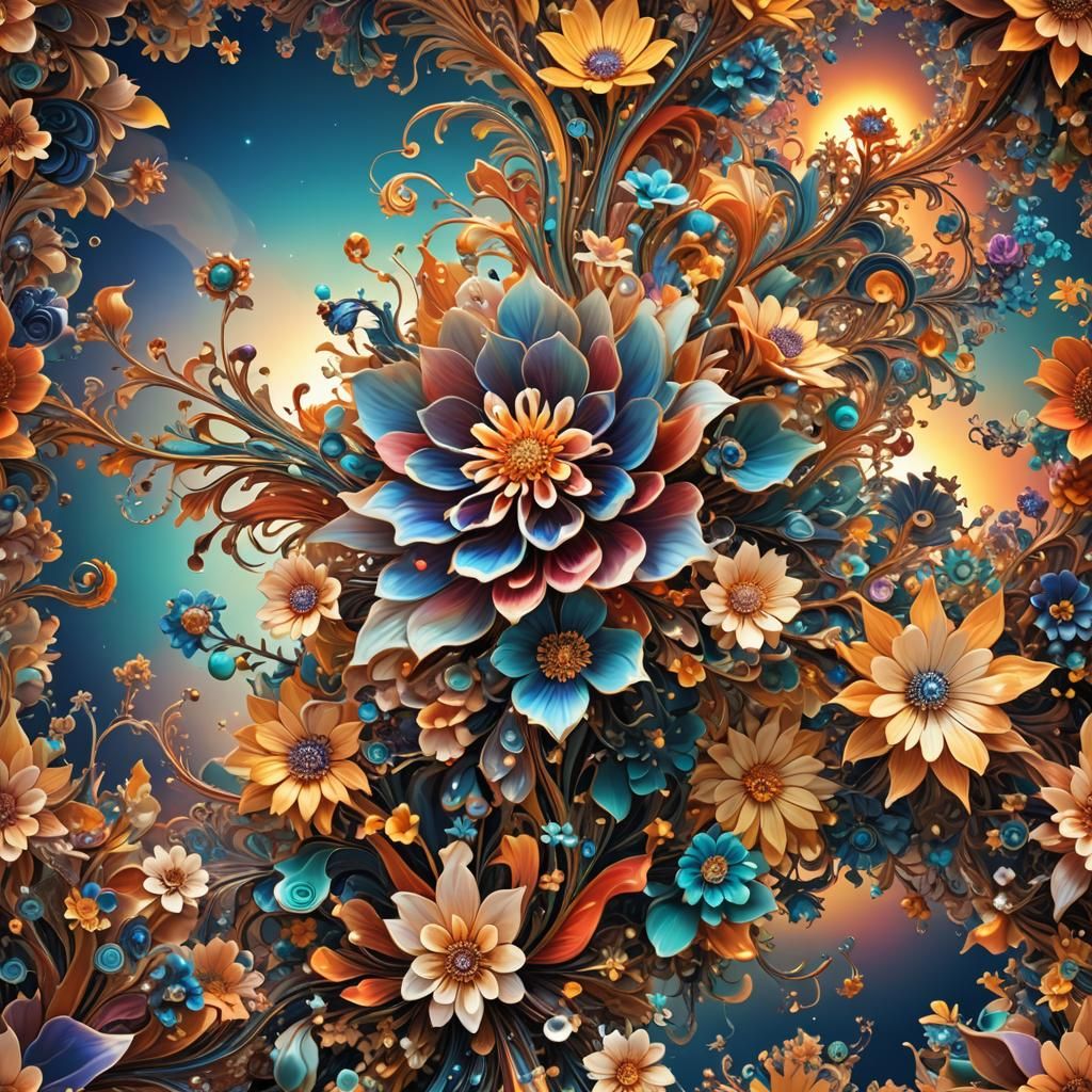 Visionary Fractal Flowers in Pixel-Style Digital Art