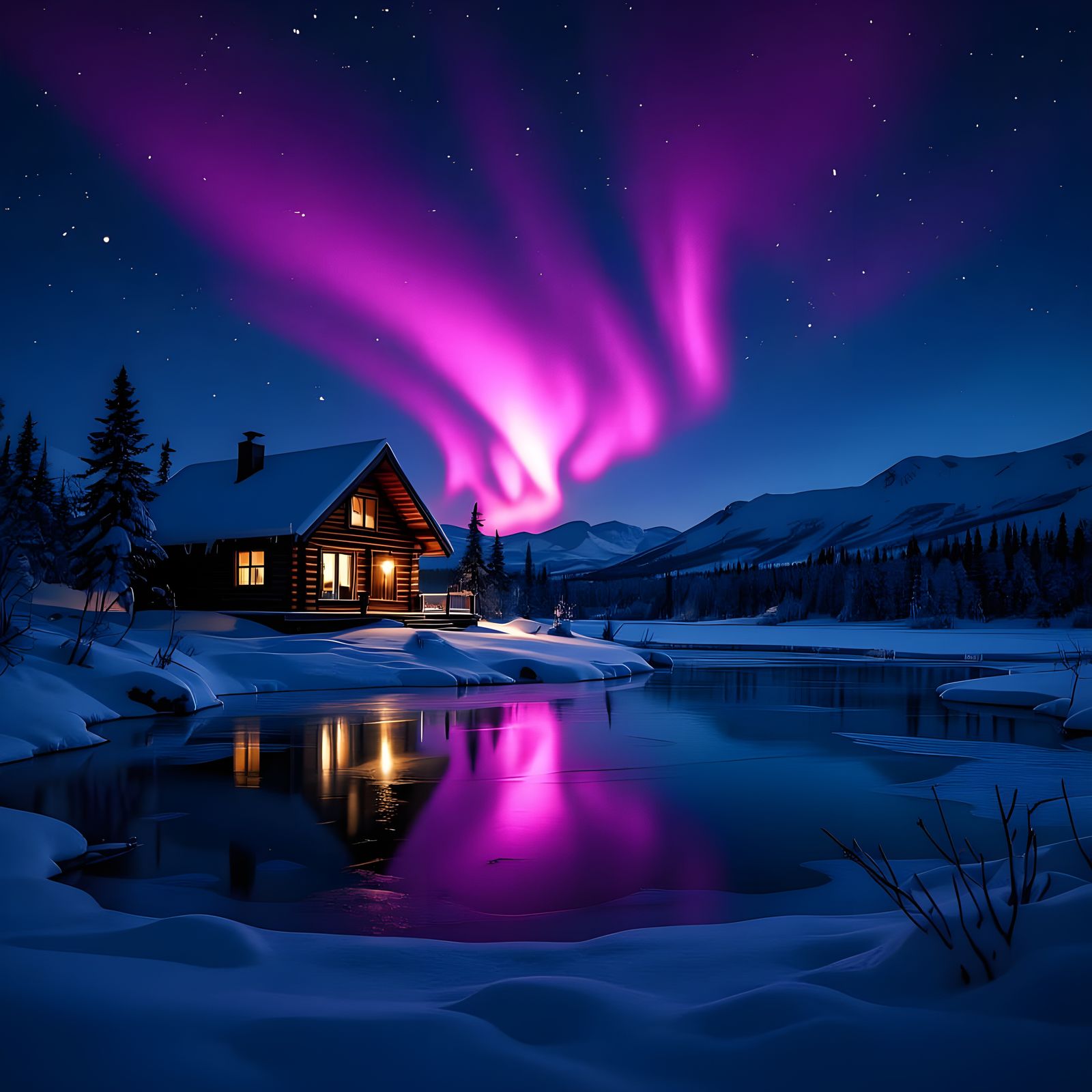 Alaskan Aurora Borealis Over Cabin and Frozen Pond