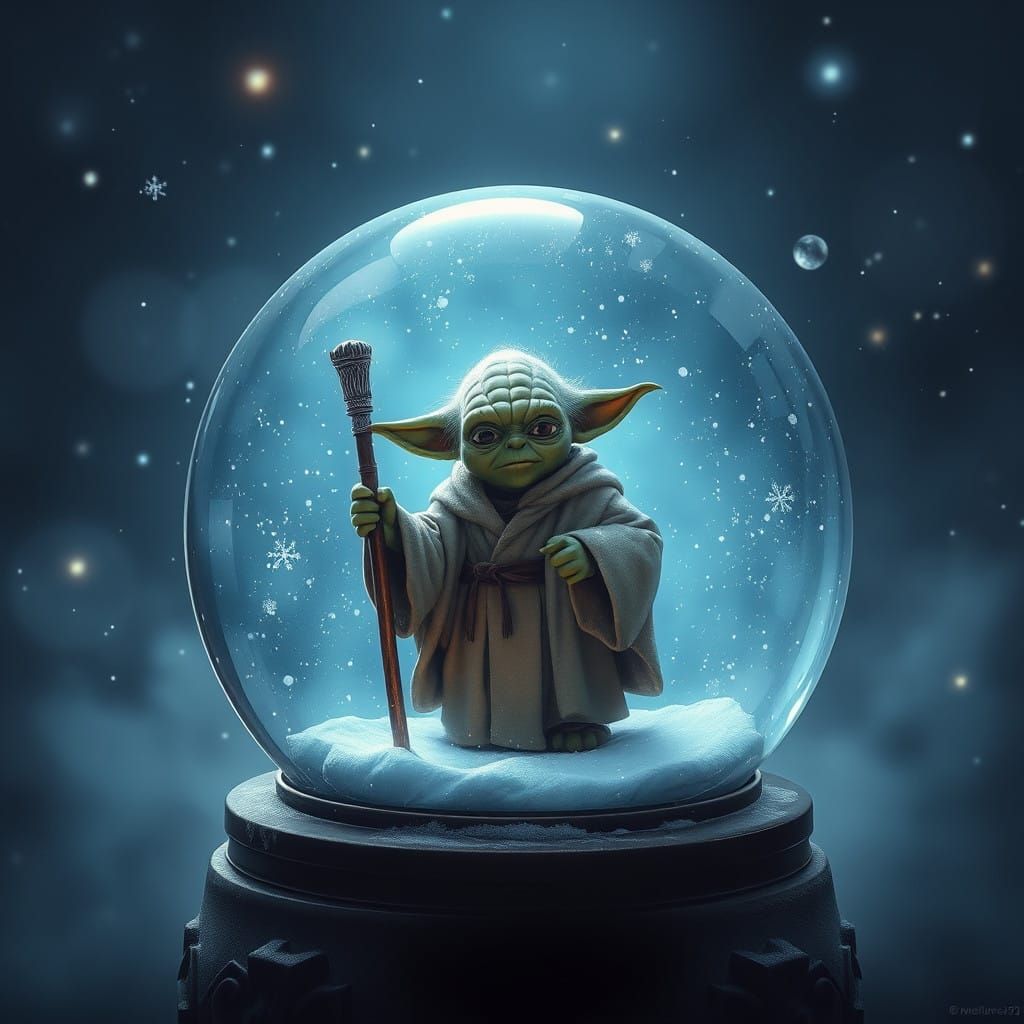 Surreal Snow Globe Scene of Yoda in a Whimsical, Fantasy Wor...