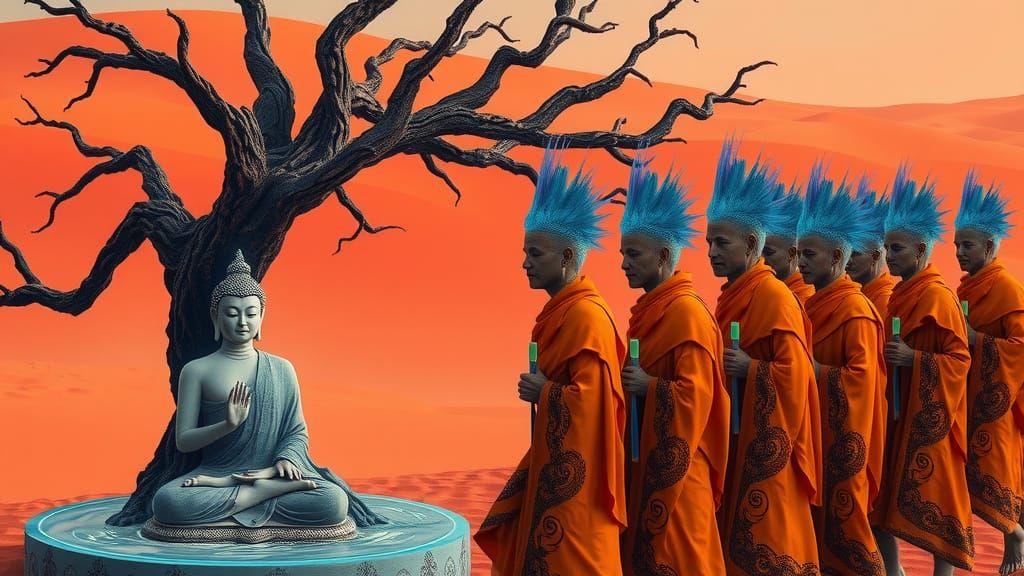 Mohawk Monks March Past Mystic Being in Vibrant Desert Lands...
