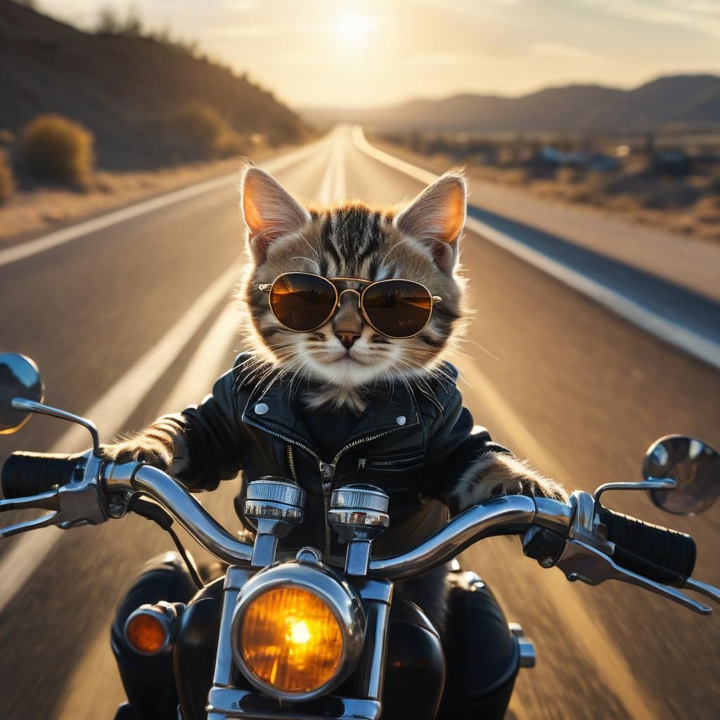 A kitten rides a motorcycle wearing sunglasses dynamic lighting hyperrealism DSLR golden hour