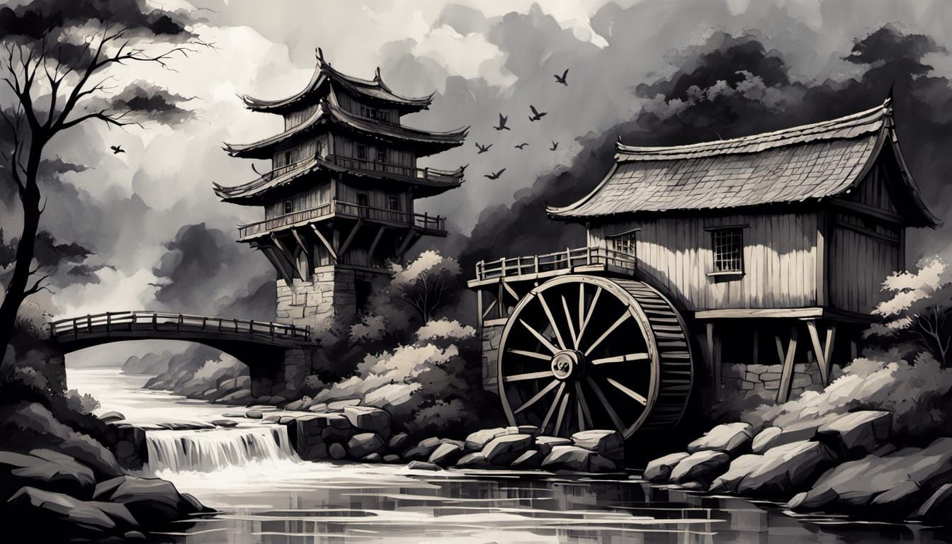 Monochrome Stone Mill House in Sumi-e Painting Style