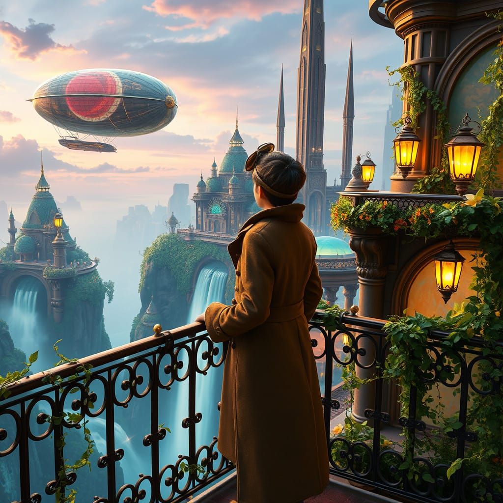 Futuristic Inventor Gazes Out at Glowing Dirigible in Marvel...