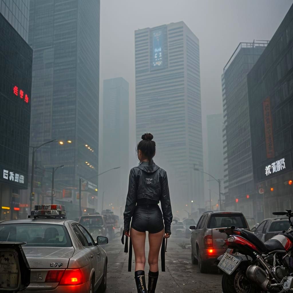 Bikini Model in Polluted Cityscape