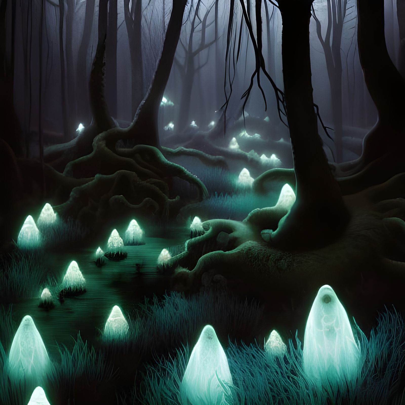 Spooky Spirits Rising from Glowing Swamp: Hyperdetailed Illu...
