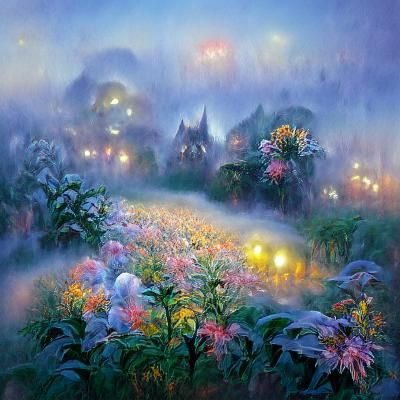 Misty Flower Field at Night: An Ethereal Fantasy