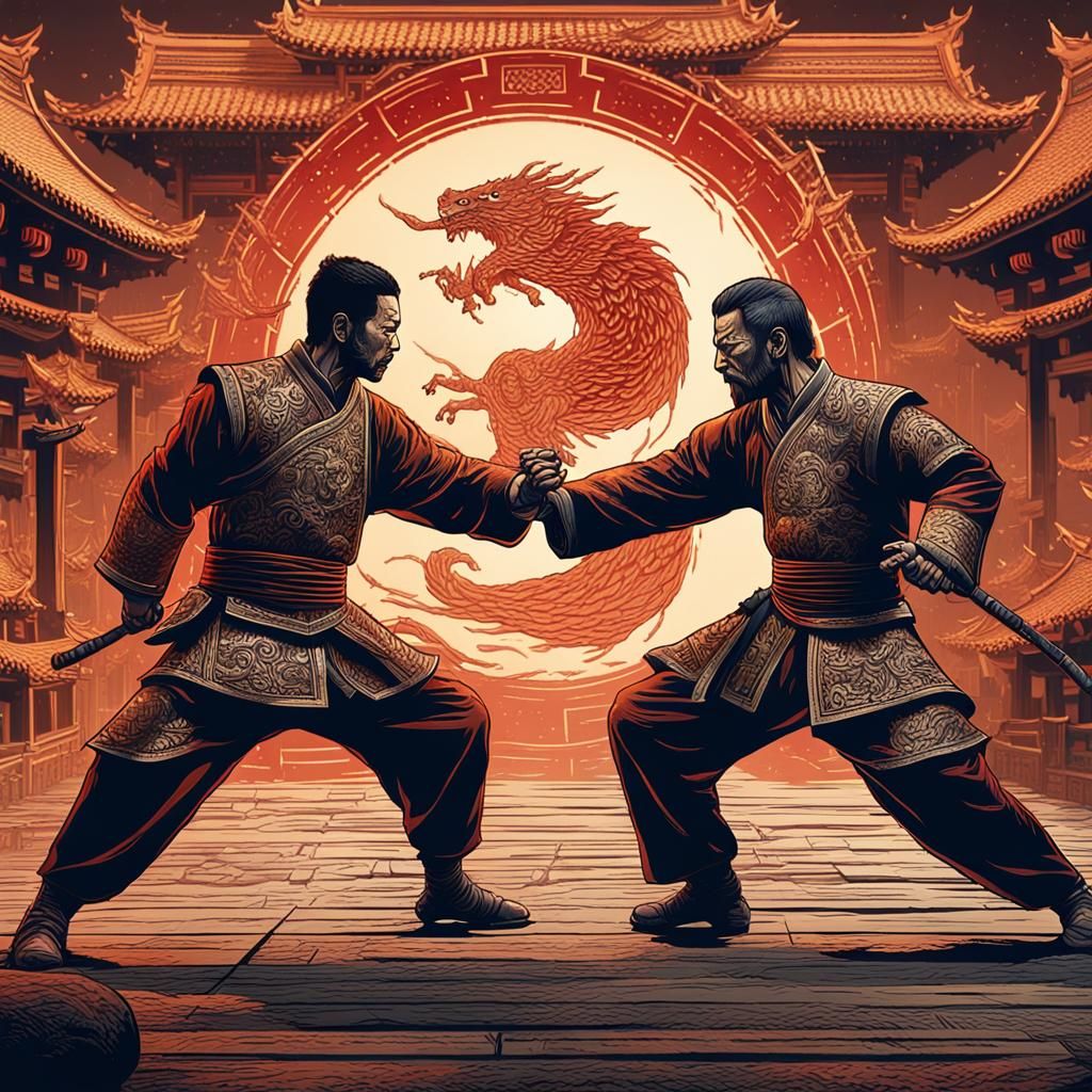 Tai-Chi Warriors Clash: Hyperdetailed Woodcut Art