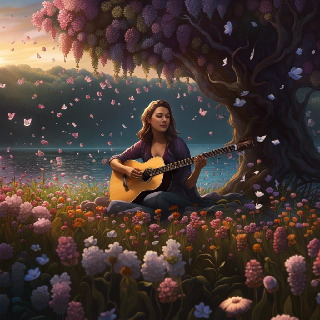 Woman Playing Guitar in Flower Field, Dark Fantasy Art