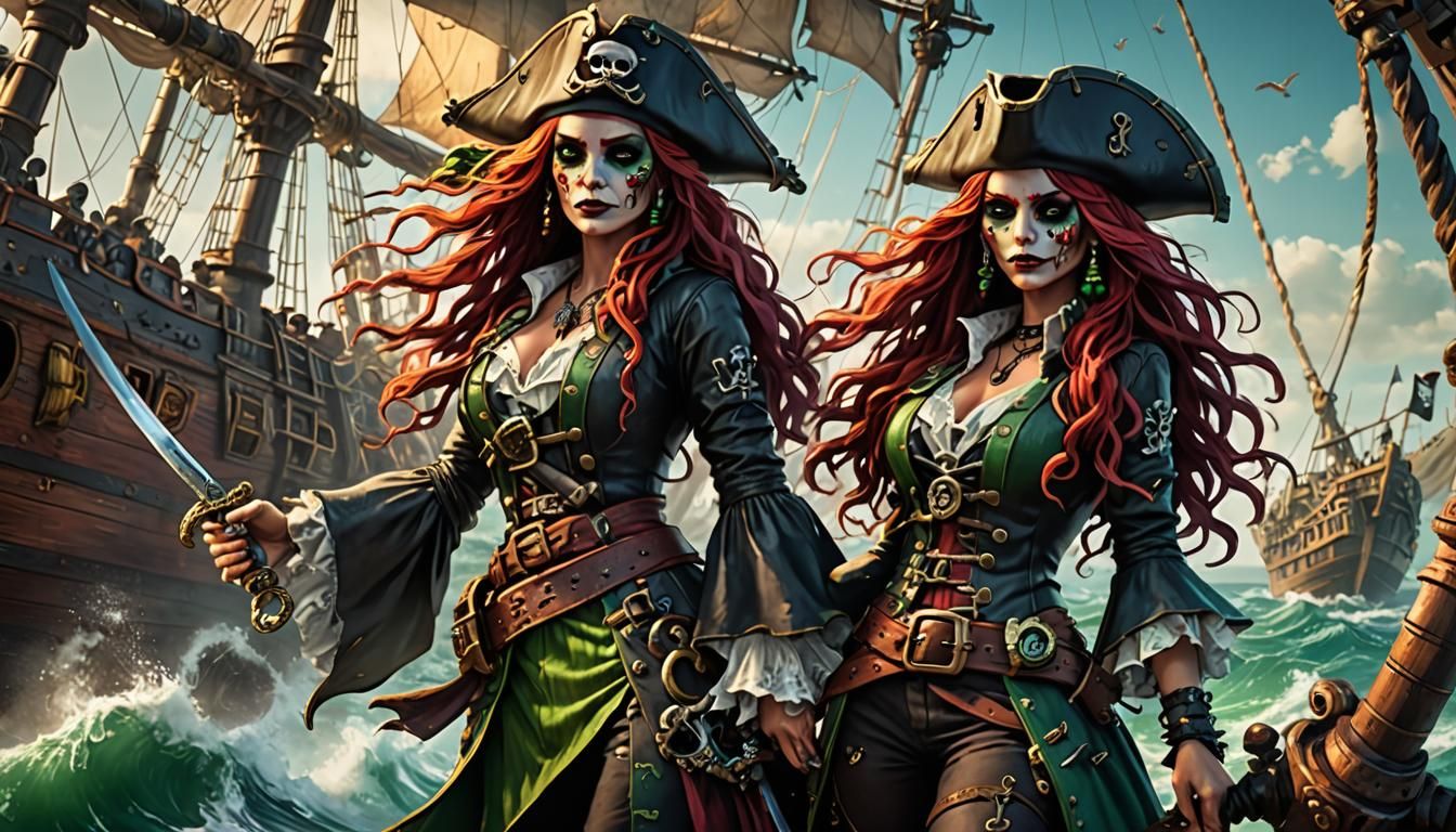 A pirate ship with ragged, ripped sails.