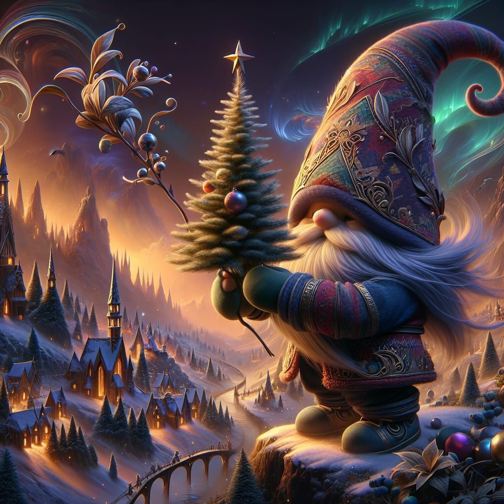 Charming Christmas Gnome with Tree: Matte Painting