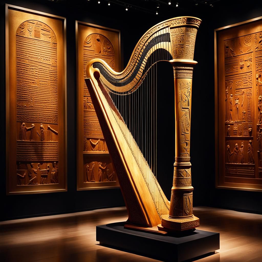An intricately carved Ancient Egyptian harp elegantly displayed in a dimly lit museum exhibit